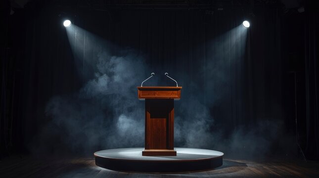 A dramatic and evocative scene features a classic wooden podium, equipped with two sleek microphones, centrally positioned on a circular stage platform. The setting is intensely lit by two powerful sp