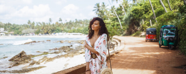 Woman Walking Coastal Road In Sri Lanka, Tropical Travel Lifestyle