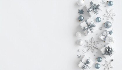 Christmas gifts and winter decorations in white, silver, and blue on a minimal background, flat lay with copy space.