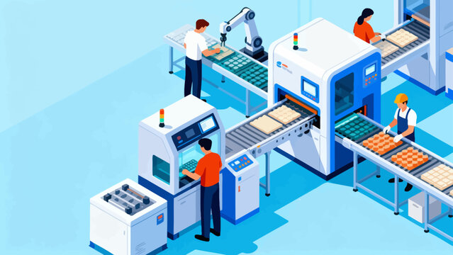 Factory workers operating machinery on production line