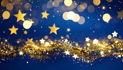 Sparkling gold stars and glitter create a festive abstract background on deep blue with bokeh lights.
