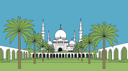 Serene Mosque Surrounded by Palm Trees and Lush Green Lawn.