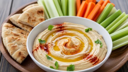 Creamy Hummus Bowl with Fresh Vegetables and Pita Bread