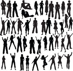 A set of black vector silhouettes featuring a diverse group of business people, family figures, and fashion models standing and walking in a professional team pose