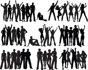 A collection of black silhouettes featuring a diverse group of people, including a business team, family with a child, and fashion models walking and posing in a flat vector illustration design