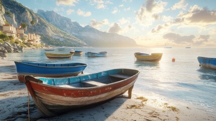 Obraz premium Tranquil Coastal Scene: Colorful Fishing Boats on Shore with Distant Mountains and Soft Sunlight