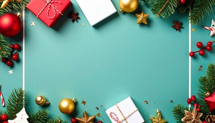 Christmas frame with festive decorations, gifts, and ornaments on a teal background