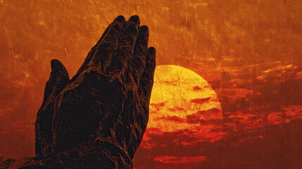 Hands clasped in prayer against a fiery sunset.