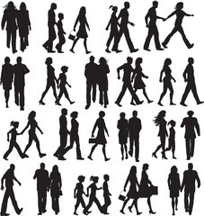 A professional vector illustration set featuring black silhouettes of a walking family, business team, and fashion models standing in various poses, including men, women, a child, and a couple