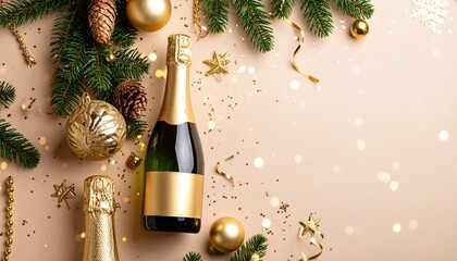 New Year's Eve and Christmas Celebration Flat Lay with Champagne Bottles, Golden Ornaments, Fir Branches, and Festive Confetti