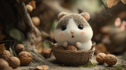 Adorable, fluffy hamster in a woven basket surrounded by walnuts in a forest setting