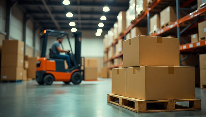 Naklejka premium Warehouse worker operating forklift, moving pallet with boxes, logistics and transportation concept, created with generative ai