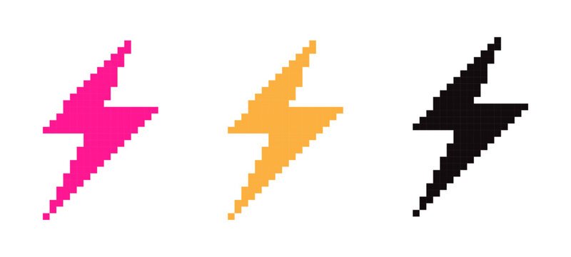 Lightning icon set. Pixel art thunder shape sign, symbol. Pink / yellow / black icons. Decorative flat element for design, sticker, clipart, etc. Vector illustration. Isolated on a white background.