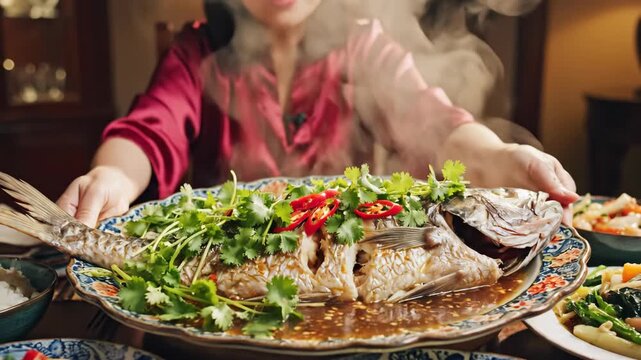 Happy Asian woman serving steaming whole fish for Chinese Lunar New Year dinner. Traditional family reunion feast with delicious food and red clothing. Celebration concept