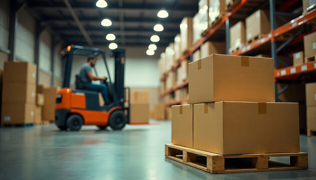 Warehouse worker operating forklift, moving pallet with boxes, logistics and transportation concept, created with generative ai - Powered by Adobe