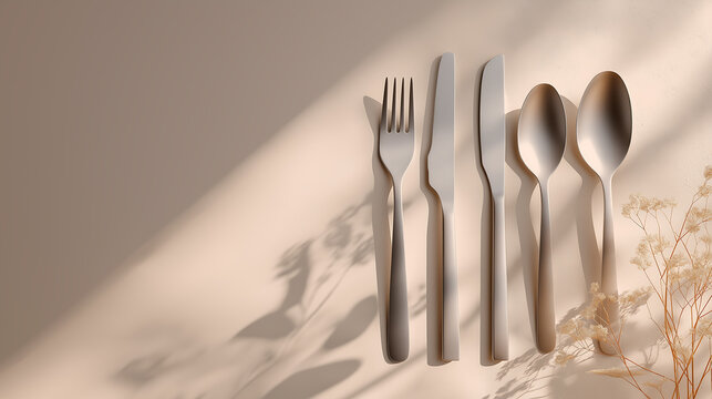 A beautifully arranged set of silverware on a beige surface natural light and shadows. - Powered by Adobe