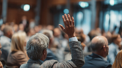 A man raises his hand in a crowded conference room during a presentation or Q&A session.