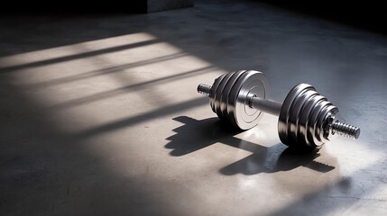 Strength in Shadows: A solitary dumbbell, bathed in stark light, sits on a concrete floor, symbolizing the raw potential of physical prowess.