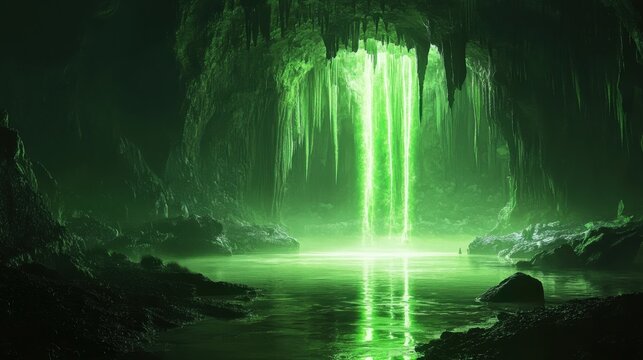 Enchanting Green Cave Waterfall with Luminescent Water