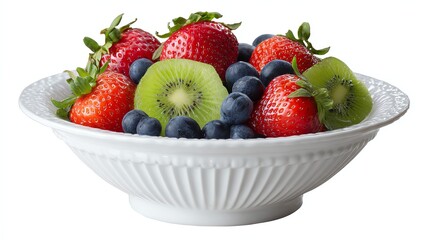 A Colorful Fruit Bowl: An eye-catching arrangement of vibrant strawberries, juicy kiwi slices, and plump blueberries creates a beautiful still life, perfect for promoting a healthy lifestyle.