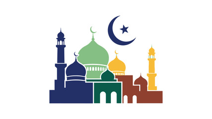 Islamic mosque and crescent moon symbol illustration.