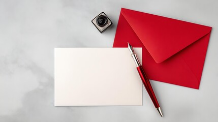 Blank Stationery: A composition of a blank note with a fountain pen, ink, and a red envelope on a light gray surface, representing the art of written correspondence and anticipation.