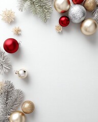 Festive Ornament Frame: Christmas ornaments, branches and glittering snowflakes artfully arranged against a backdrop, evoking the spirit of the holiday season and holiday decorations.