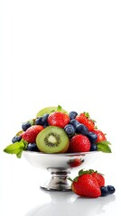Fresh Fruit Medley: A vibrant assortment of ripe strawberries, blueberries, and kiwi slices elegantly arranged in a decorative bowl, epitomizing health and natural goodness.