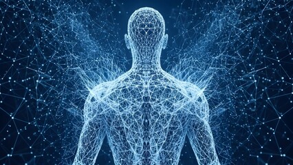 Wireframe human body glowing with blue digital network connections and particles