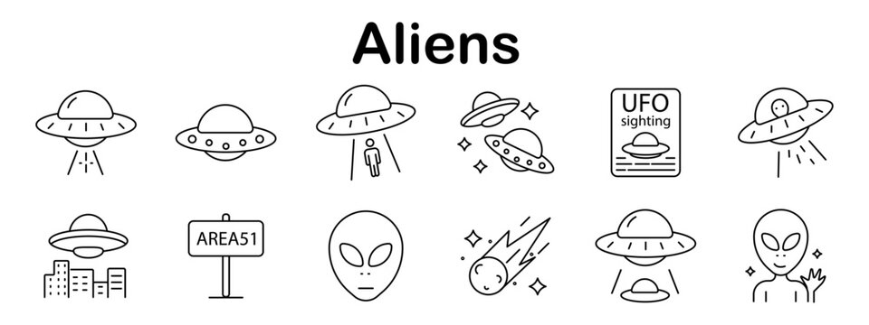Aliens set icon. Line style elements showing flying saucers, aliens, space city, shooting star, Area 51, and UFO sightings in extraterrestrial theme