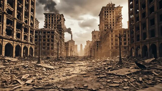 A devastating cityscape lies in ruins, with rubble and destruction surrounding abandoned buildings, smoke, and a grim atmosphere