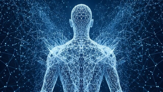 Wireframe human body glowing with blue digital network connections and particles - Powered by Adobe