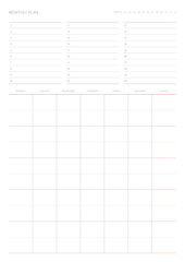 A monthly plan template with a simple and minimal style. Note, scheduler, diary, calendar planner document template illustration.