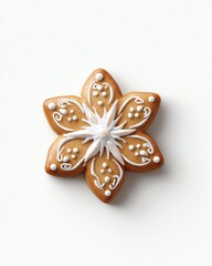 Floral Delight: A close-up shot of a meticulously decorated, flower-shaped gingerbread cookie, adorned with intricate white icing details, evoking a sense of warmth and festive charm.