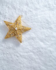 Celestial Adornment: A finely crafted golden star rests delicately upon a pristine bed of snow, radiating a serene and enchanting aura.