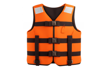 Orange life vest providing essential safety for water activities, drowning prevention, and emergency rescue on transparent background
