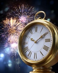New Year's Eve Countdown: A golden clock displays the anticipation of midnight, set against a backdrop of vibrant fireworks bursting in the twilight sky. 