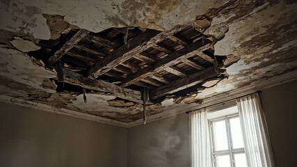 A damaged ceiling with exposed wooden beams and debris in an abandoned room with natural light coming through the window