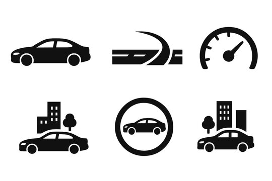 Car and road icon set featuring speedometer and cityscape elements