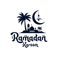 Ramadan Kareem greeting with mosque and crescent moon silhouette.