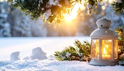 Winter scene with glowing Christmas lantern and candle on snow, surrounded by snowy pine branches in sunlight.