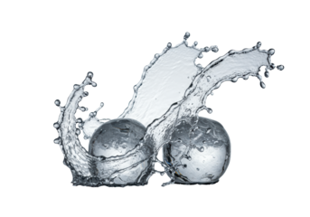 Pristine, crystal clear ice spheres and dynamic, frozen water splash captured in macro photography against transparent copy space, ultimate refreshment concept.