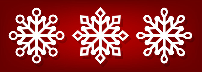 Snowflake icon set on a red background. Vector 3d illustration.