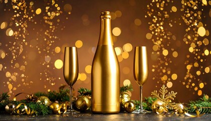 Golden Champagne Bottle and Glasses with Festive Decorations and Sparkling Bokeh Lights for New Year Celebration