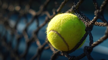 A bright yellow tennis ball stuck in the black net on a muted blue court