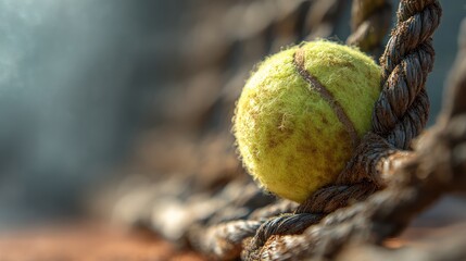 Tennis ball nestles in weathered rope, soft focused backdrop adds depth and mystery