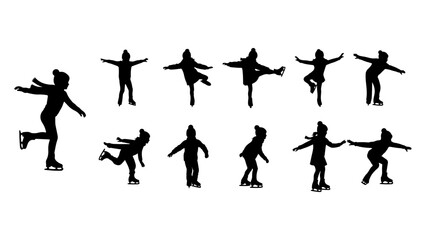 Kids ice skating silhouettes set. Collection of children skating on ice rink in winter clothes. Boys and girls gliding poses. Black vector illustration.