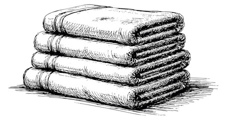 Hand drawn line art illustration of a stack of folded towels depicting clean fabric for home or business