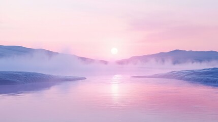 Fototapeta premium Serene Pink and Purple Landscape with Misty Mountains and Calm Water