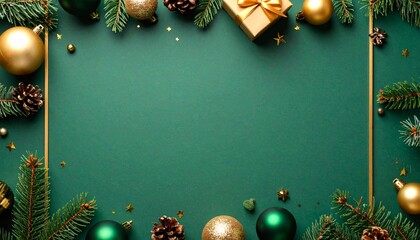 Elegant Christmas Flat Lay Background with Festive Decorations, Gift Box, Fir Branches, and Golden Baubles